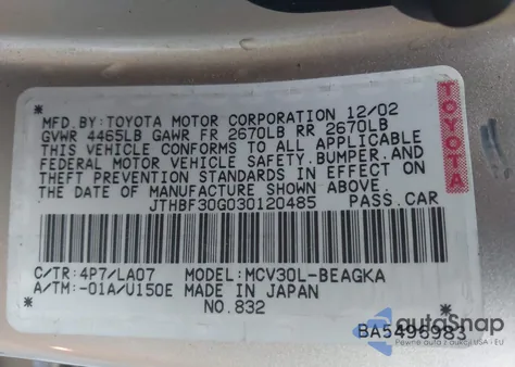 2003 Lexus Es 300 from USA, damaged, VIN JTHBF30G030120485